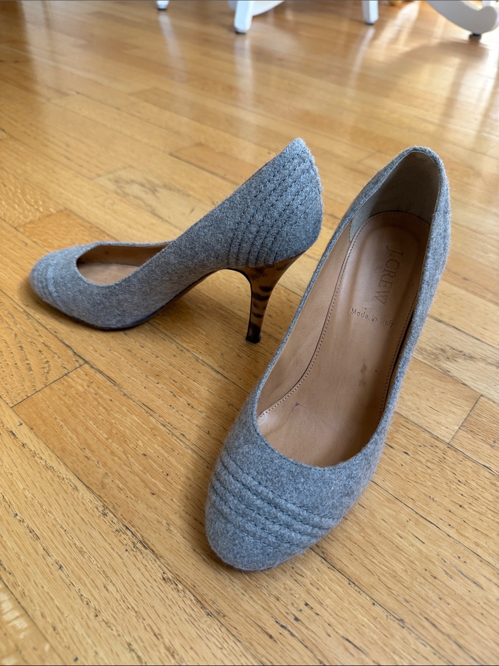 J. Crew Gray Wool Pointed Pumps with Leopard-Print Heel